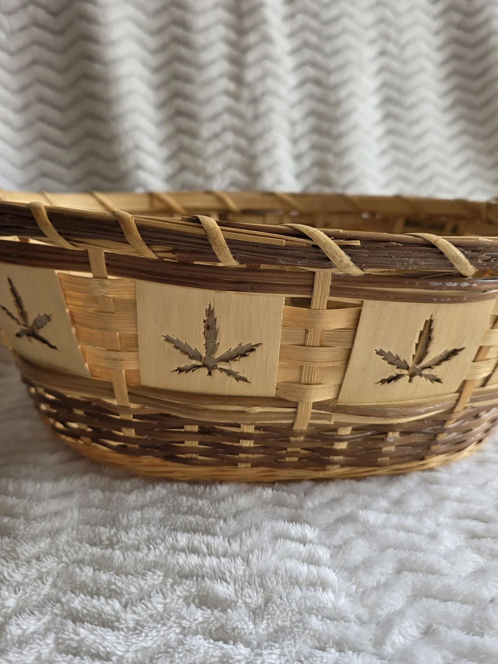 Handwoven Natural Brown Wicker Basket with Leaf Design
